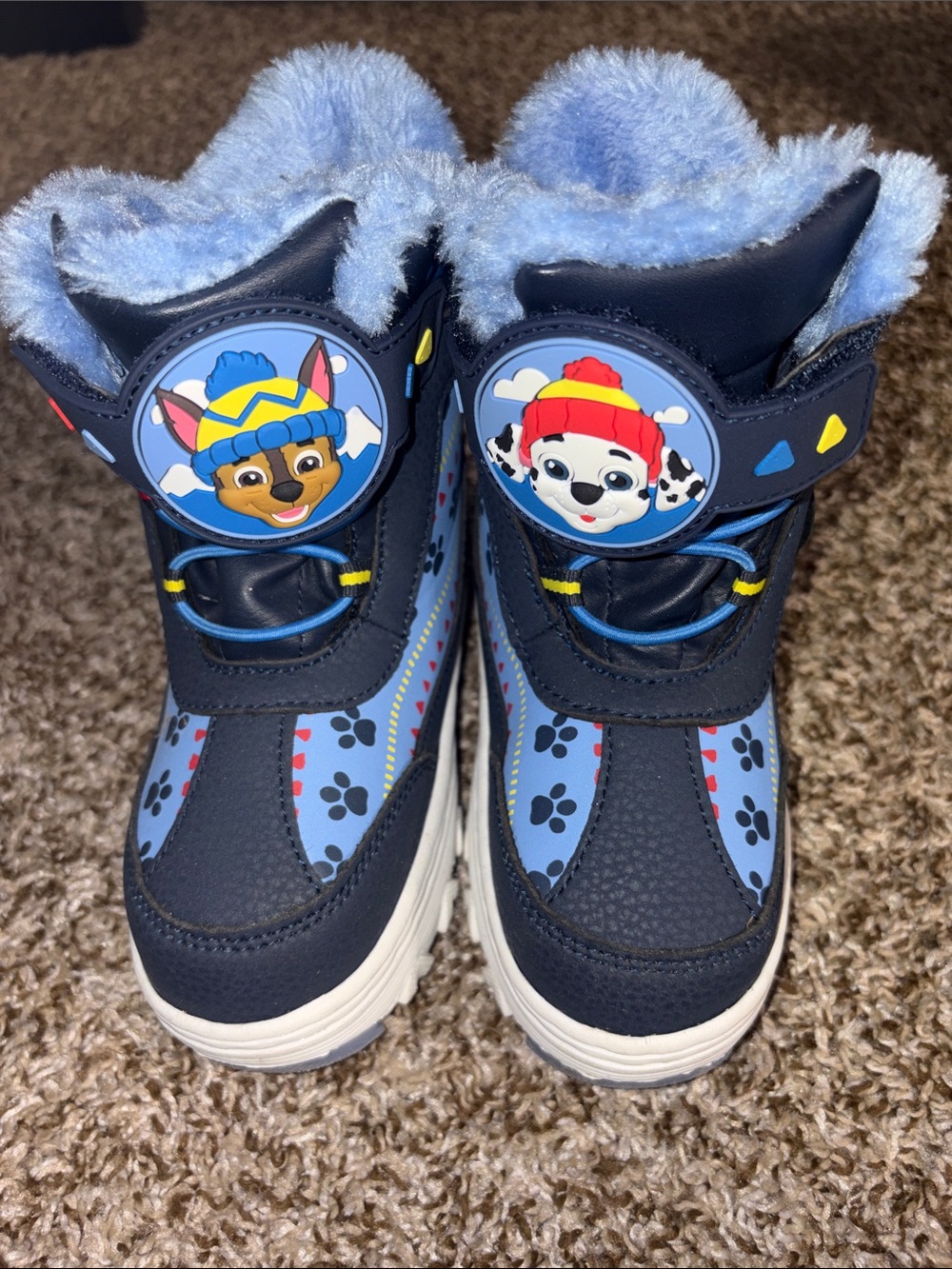 Kids Navy Blue Paw-Print Winter Boots.